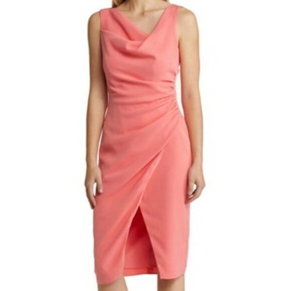 Black Halo Legend Flamingo Coral Ruched Crepe Midi Dress - Picture 1 of 3